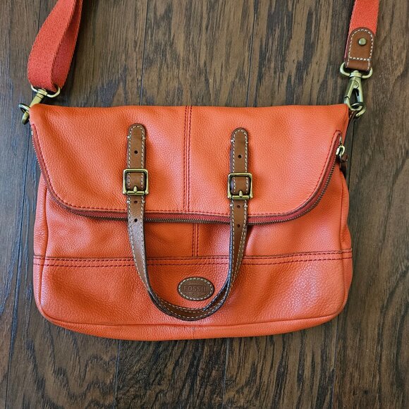 Fossil Explorer Orange Leather Foldover Crossbody Tote Shoulder Bag - Picture 11 of 14
